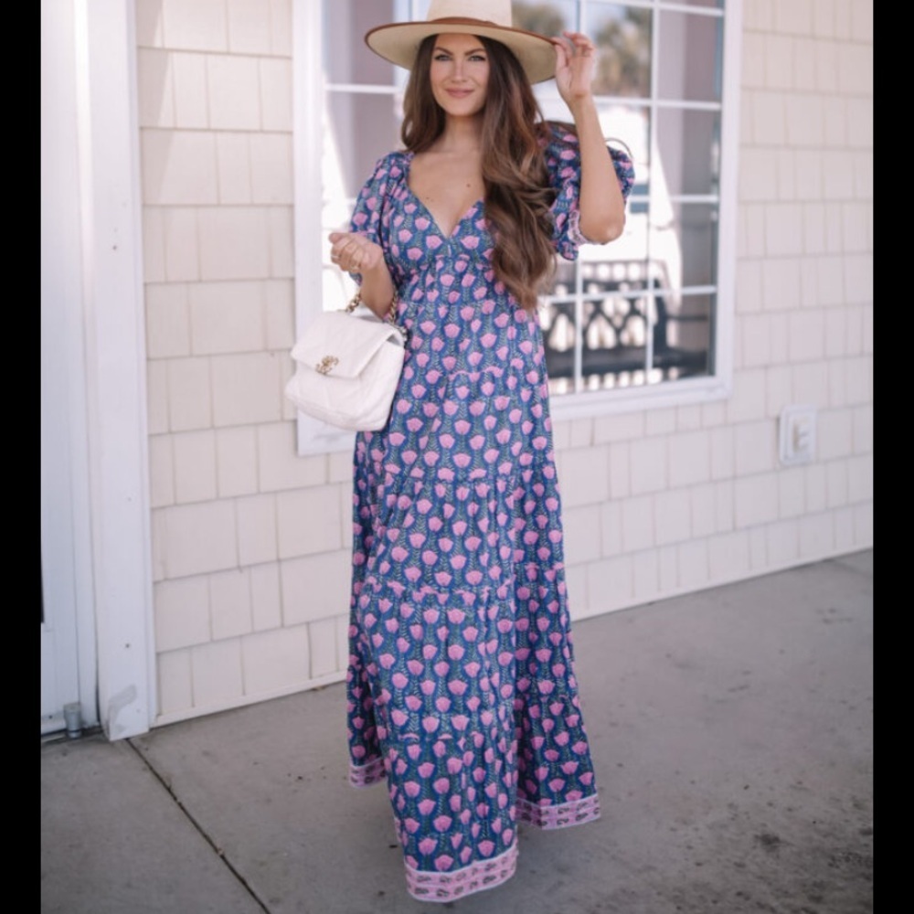 SAYLOR BLOCK PRINT DRESS maxi cutout tie back puff sleeve party fall $389 S